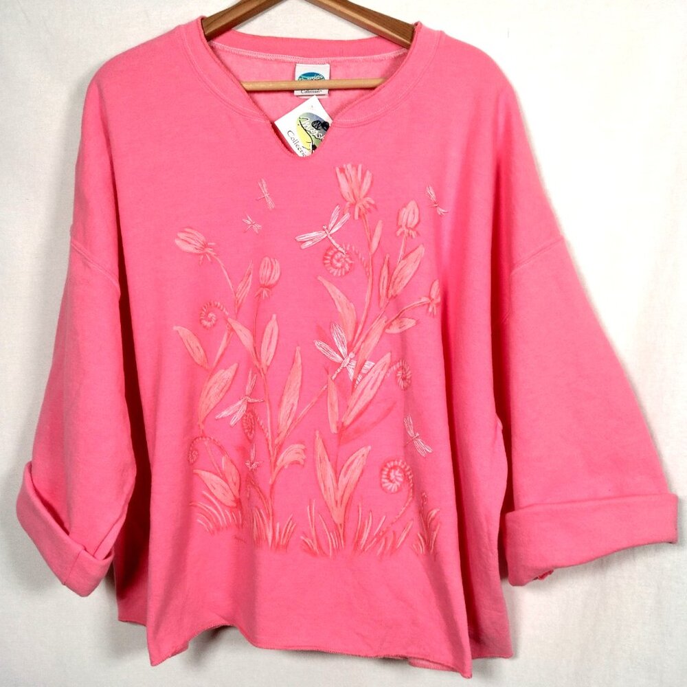 Marshas Collection Sweatshirt 2XL Pink Cropped Dragonfly Nature Art 3/4 Sleeve